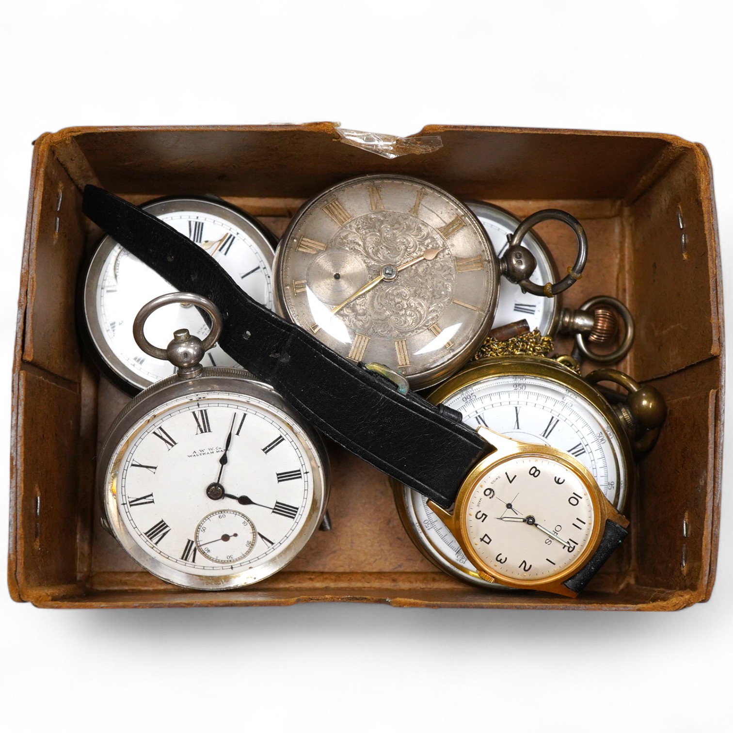 Four assorted silver or white metal open faced pocket watches including Waltham, a brass cased chronograph pocket watch, an Oris steel and gold plated wrist watch and various watch keys.